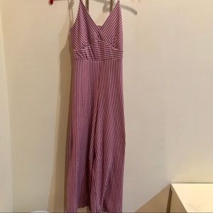 Juniors pink and white pinstriped jumpsuit